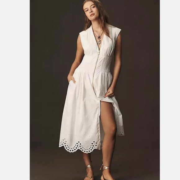 Anthropologie Dresses & Skirts - Anthropologie The Tommie Smocked Front-Zip Shirt Dress White Eyelet L XL NWT